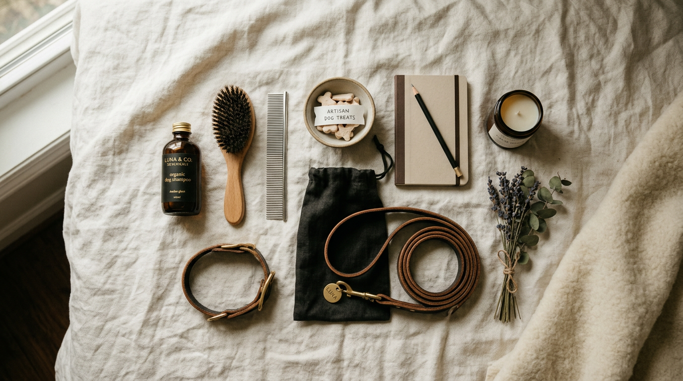 Organic dog shampoo, brush, comb, artisan dog treats, collar, leash, notebook with pencil, candle, and dried flowers