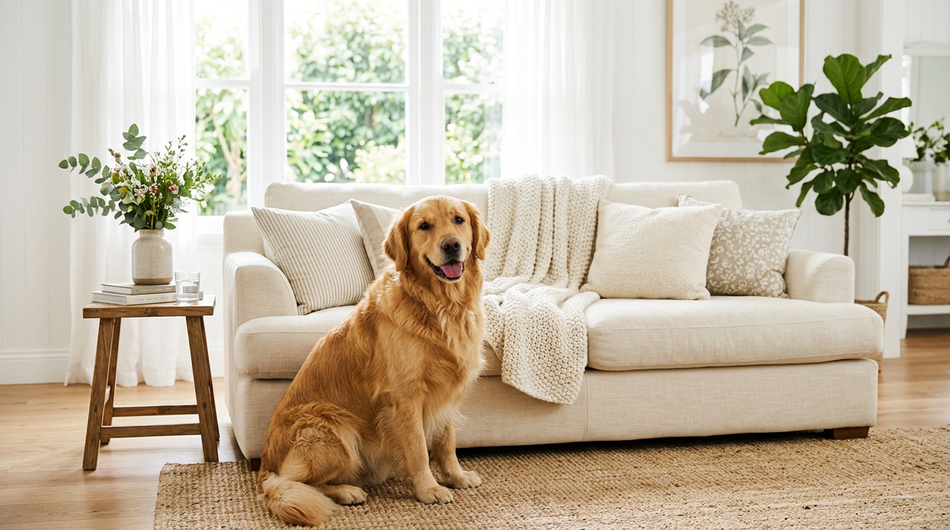 Golden retriever sitting on a rug in a bright living room with beige sofa and plants
