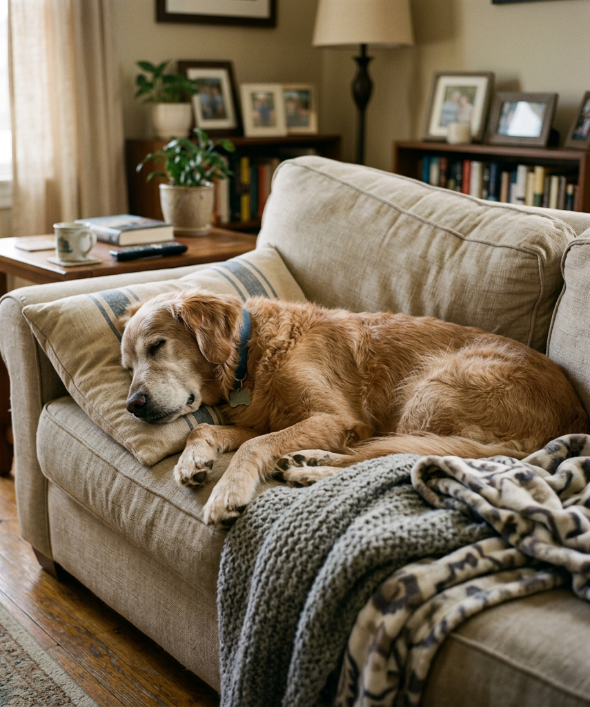 Golden retriever resting on a beige couch with pillows and blankets